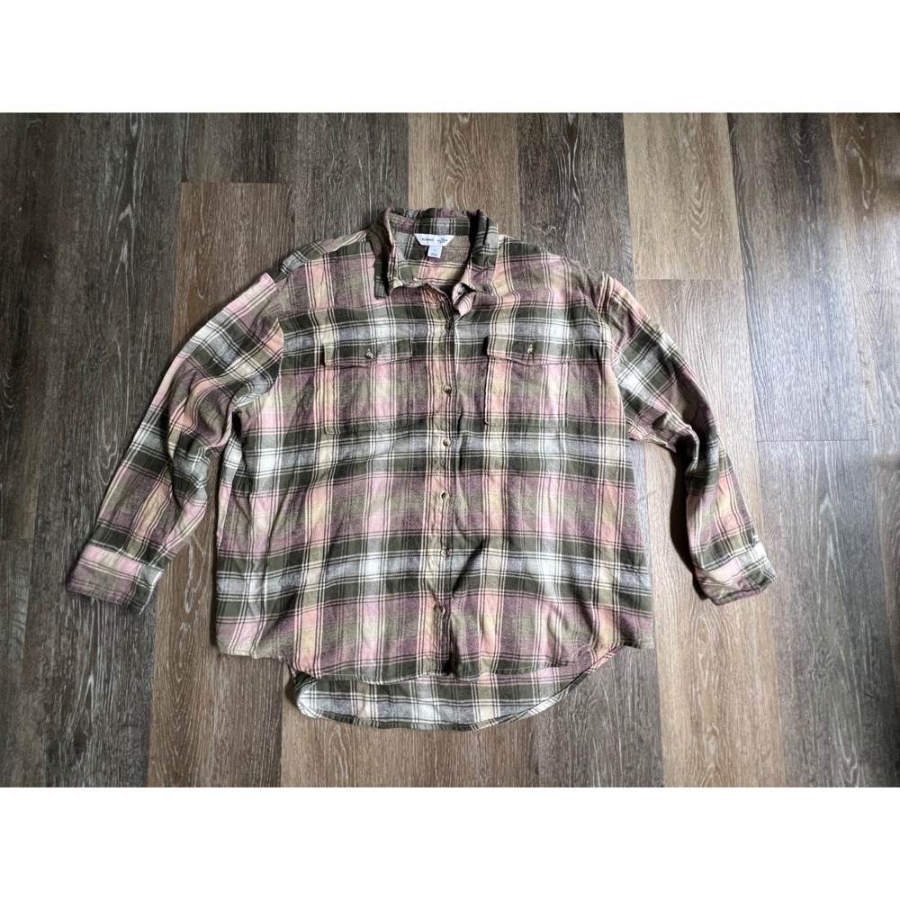 Old Navy Plaid Flannel Boyfriend Shirt Womens XL Green Pink Button‎ Down